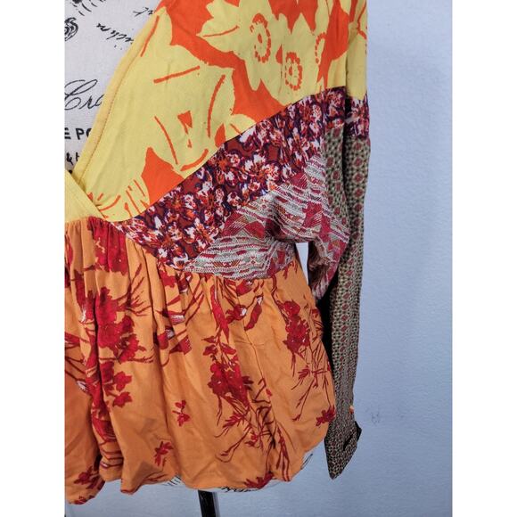 Free People Babydoll Boho Top SZ S Aloha State of Mind Patchwork Festival Hippie - Picture 5 of 11